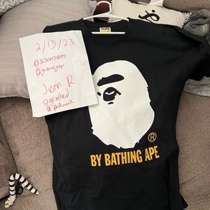 2XL PADS Black Wide Bape T-Shirt White Ape Head Yellow Writing with Bag and Tags